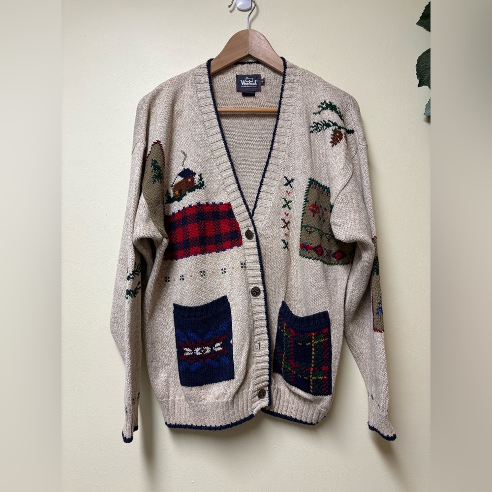 Vintage Woolrich Cottagecore Country Cabin Pinecone Cardigan Sweater Medium - Picture 1 of 10
